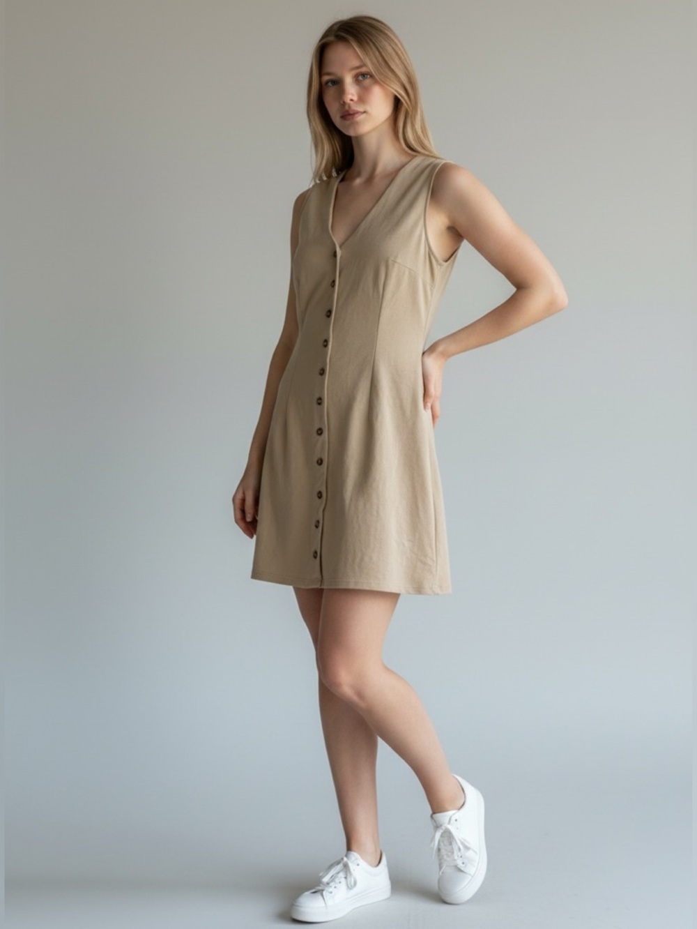NWOT ✨ Mango Beige Button-Front V-Neck Mini Dress